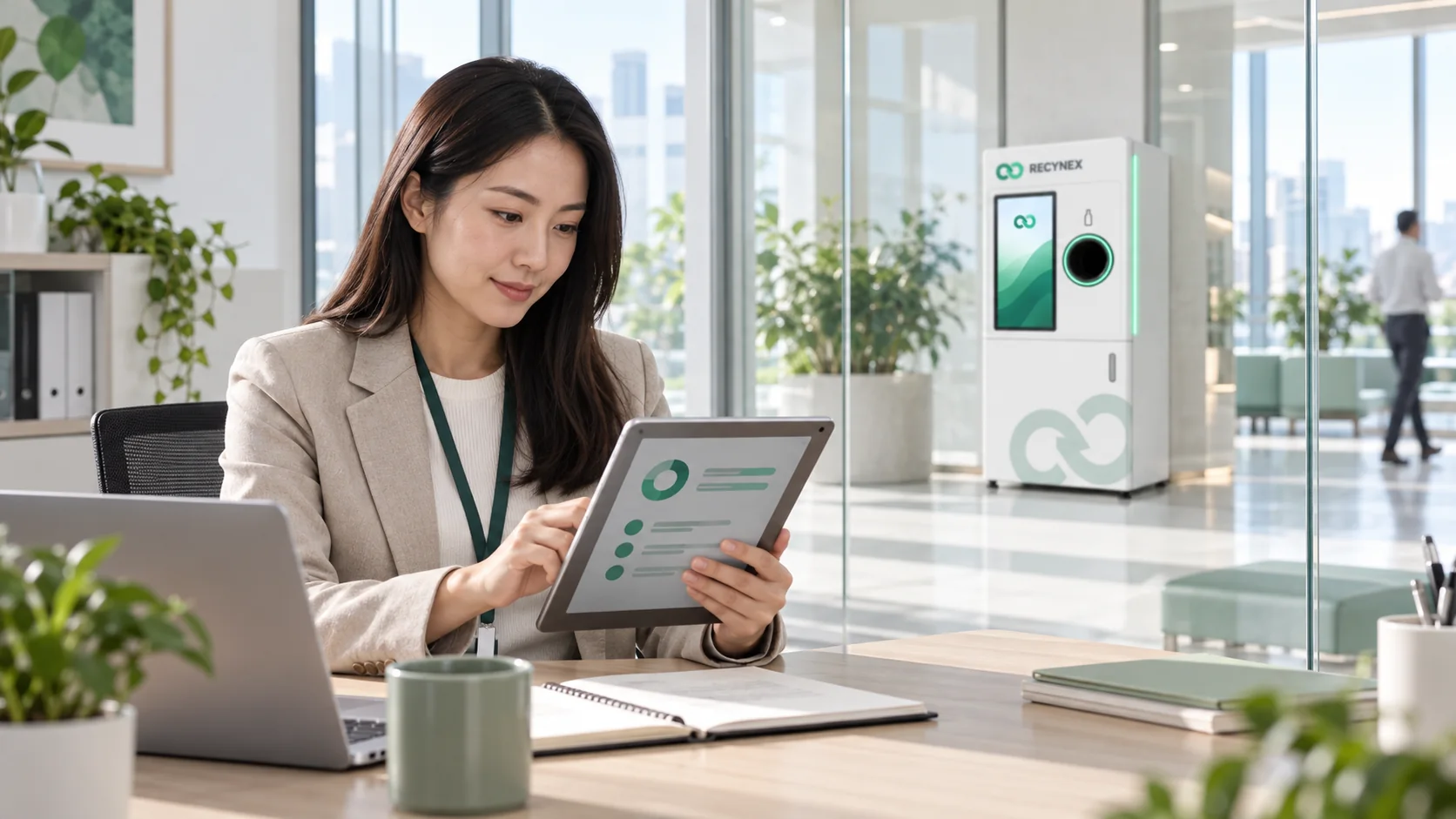 Product visualization of an operator reviewing a tablet with a RECYNEX return point in the background