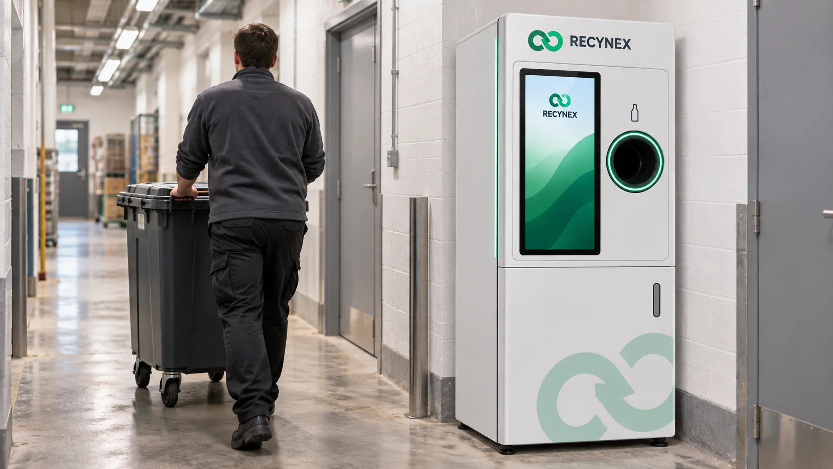 Product visualization of an operator moving a closed collection container beside a RECYNEX return point